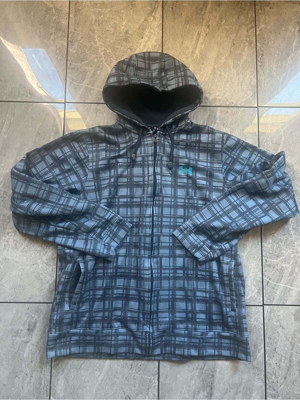 Under Armour Men's Full Zip Hoodie Jacket Plaid Geometric Blue/Gray/Teal Logo L